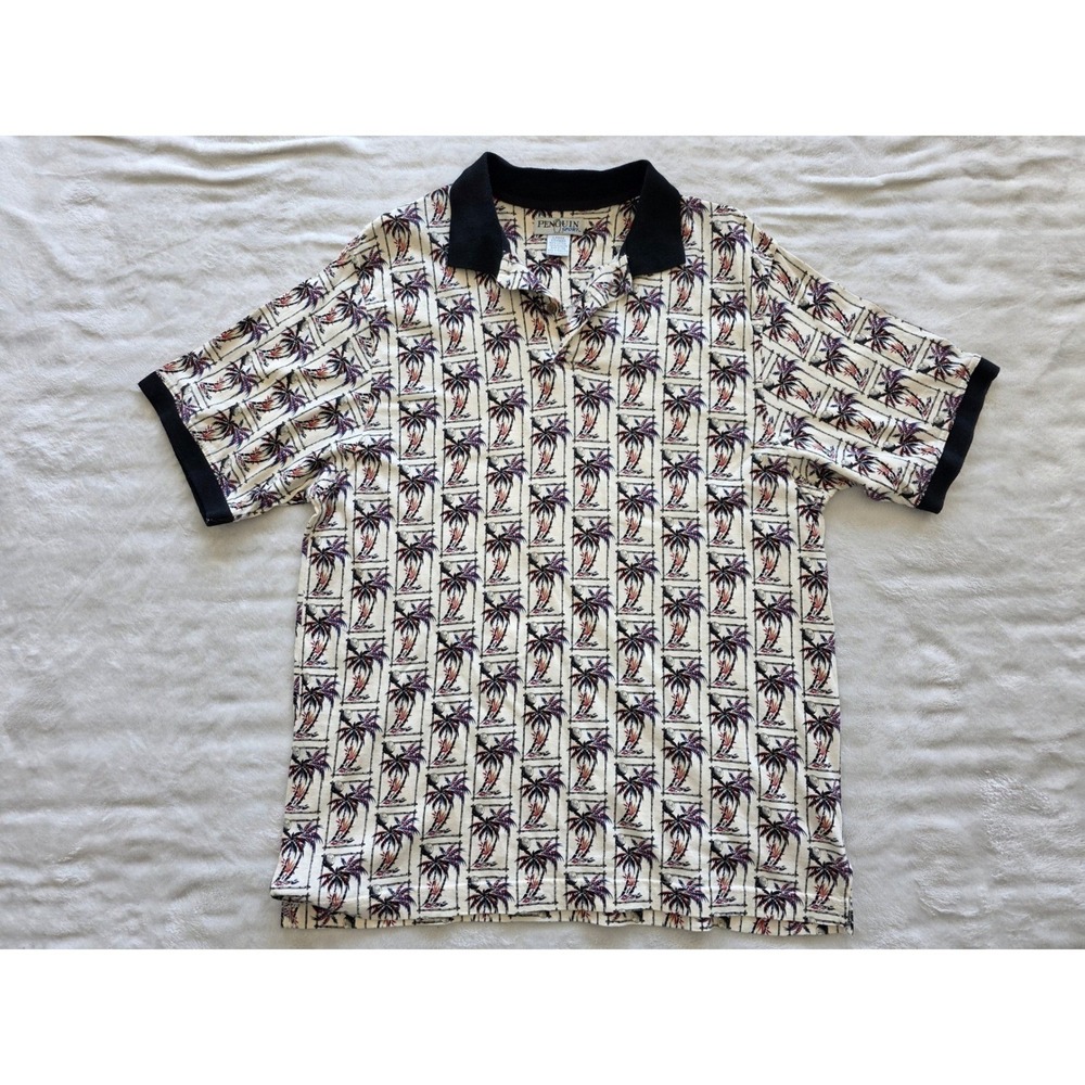 Penguin Sport Palm Tree Print Golf Polo Shirt Men's Large Black Collar‎